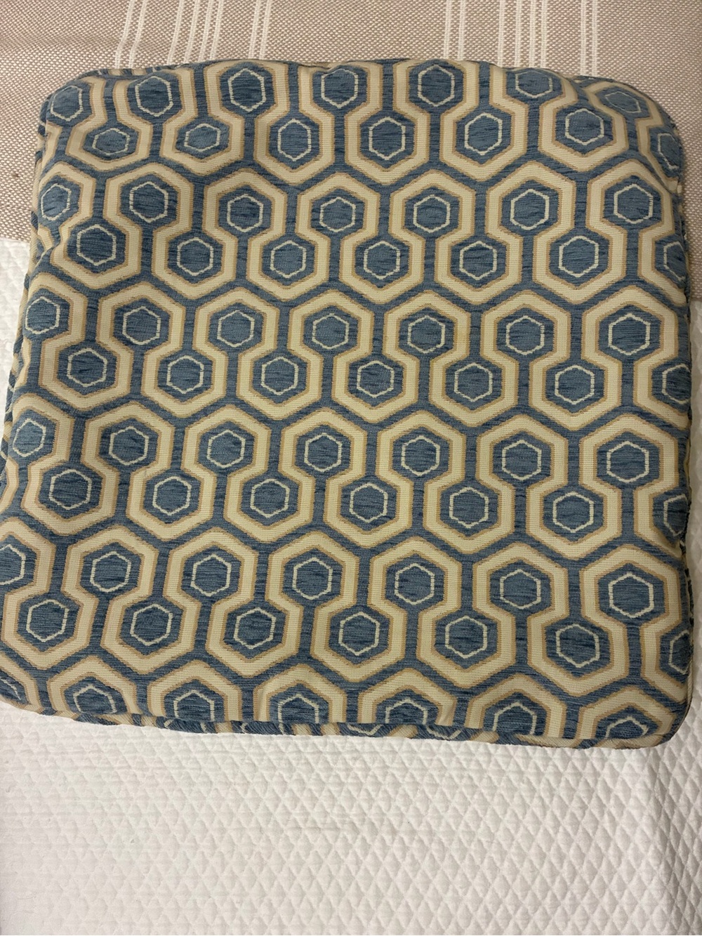 Handmade blue and beige geometric hexagon throw pillow cover 18 x 18“